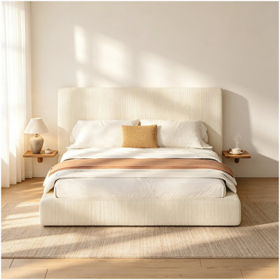 AirFrame Queen Bed Frame with Adjustable Sliding Side Table, 8.7'' Cloud Upholstered Corduroy​ Sponge Cushion, Easy Assembly (Cream White)
