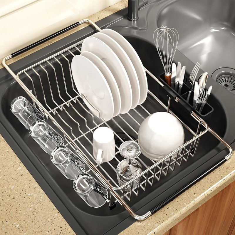 Over-the-Sink Dish Drying Rack – Expandable Stainless Steel Drainer with Adjustable Utensil Holder, Space-Saving for Small Kitchens, Apartments, and RVs (Rustproof)