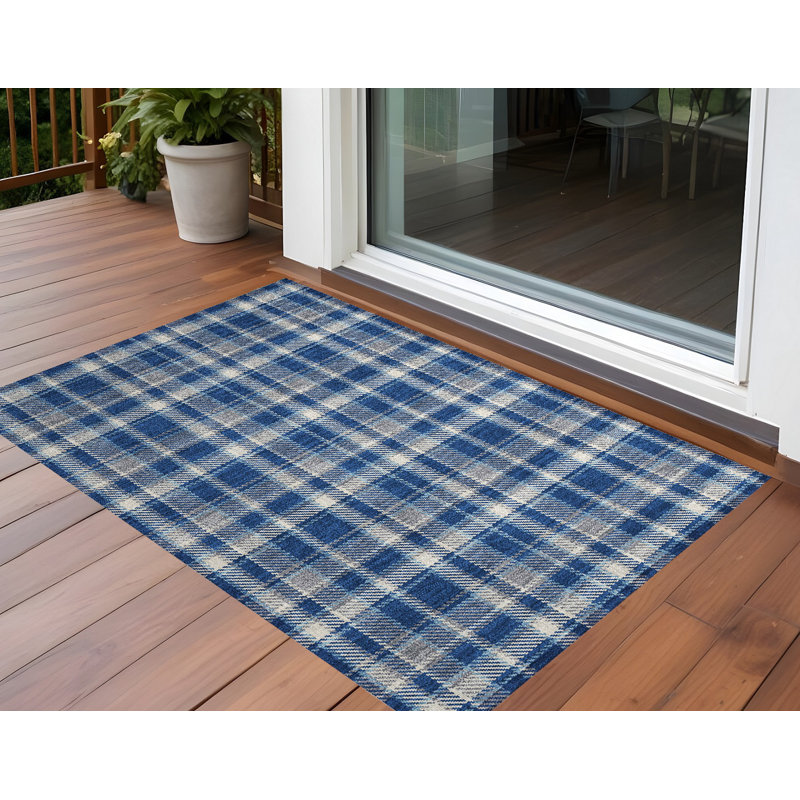 10' X 14' Navy and Ivory Plaid Washable Non Skid Indoor Outdoor Area Rug, Rectangle 3' x 5'