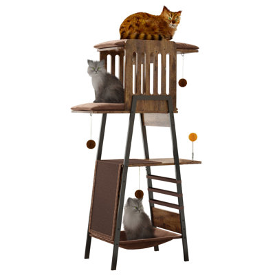 Modern Cat Tree, 58-Inch Cat Tower For Large Cats, Maine Coon Cat Tree With Scratching Board, Large Perch, Hammock And Removable Pads, Rustic Brown