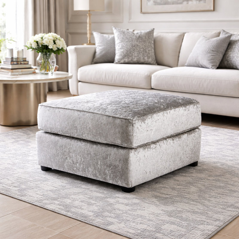 55cm Wide Velvet Square Solid Colour Footstool Ottoman, Silver