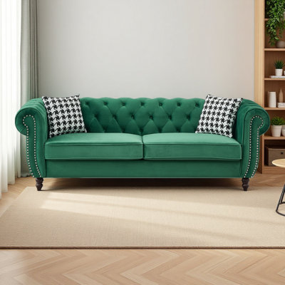 87"Velvet Upholstery Fabric Sofa With Roll Armrest & Nailhead,Upholstered Mid Century Modern Couch