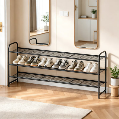3-Tier Long Metal Shoe Rack, Wide Stackable Shoe Organizer for Closet and Entryway, Sturdy Wire Grid Storage Shelf for Bedroom, Black