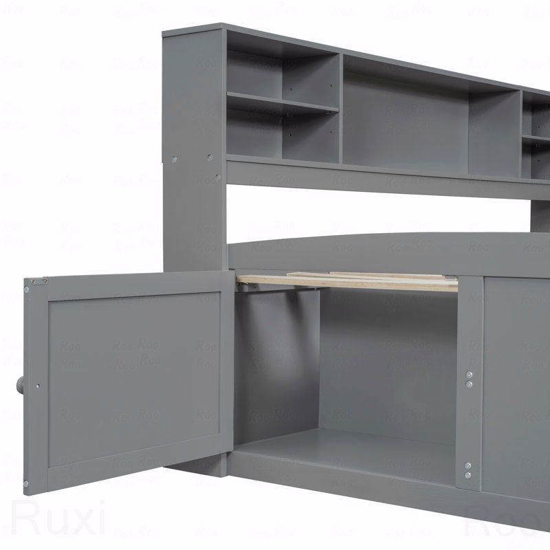 Structure de lit de jour double en bois, 2 armoires, tablettes, 4 tiroirs, Gris