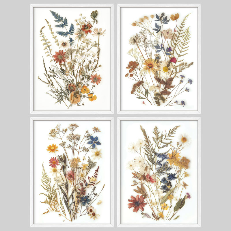 «Wild Floral Botanical Rustic Artwork, encadré, impression, affiche, petit art mural de salle de bain», 4 pièces, Blanc