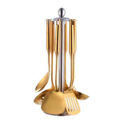 Gold Titanium Plated Stainless Steel Kitchen Utensil Set With Holder, 7 Pieces