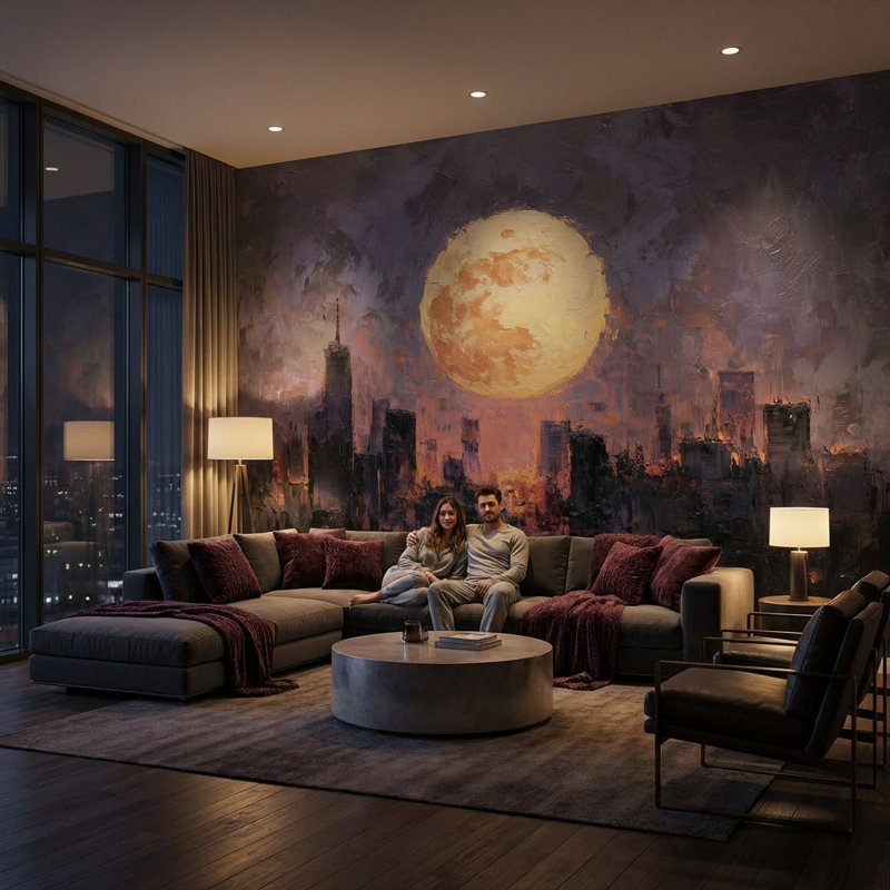 Rouleau de papier peint mural Cityscape Moon, Textured Non-Pasted, 100 po x 96 po