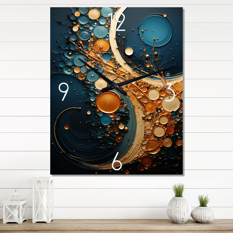Horloge murale abstraite spirale dorée sarcelle II, H 32 po x l 16 po x P 1 po