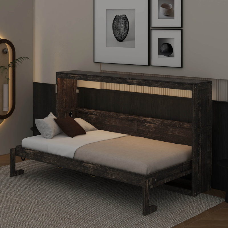 Lit escamotable simple avec lumière DEL, peut être plié dans une armoire, Brun