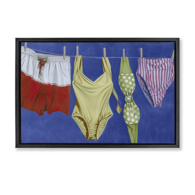«Bathing Suits on Laundry Line», art mural sur toile flottant noir, design par Grace Popp