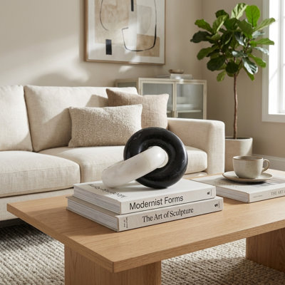 Objet de décoration moderne à chaîne en marbre à double anneau pour décoration de table - Nœud sculptural pour le salon ou la maison - Noir et blanc