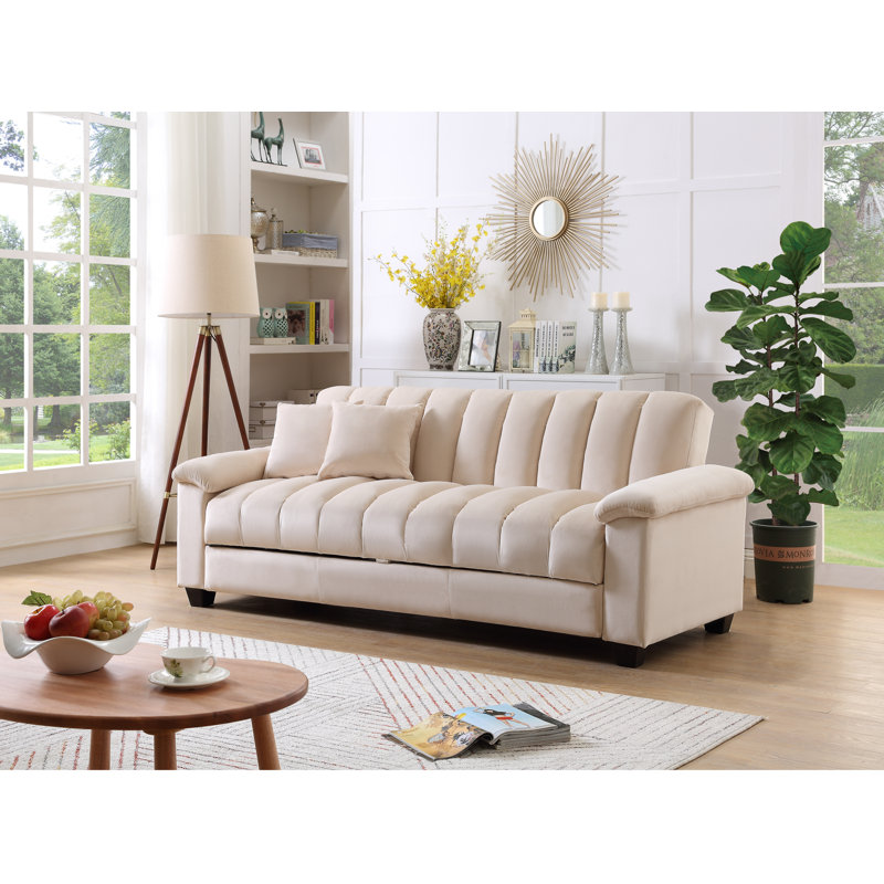 Canapé-lit double en velours avec rangement Biscuit, Velours beige, H 33,75 po x l 82,7 po x P 45,25 po