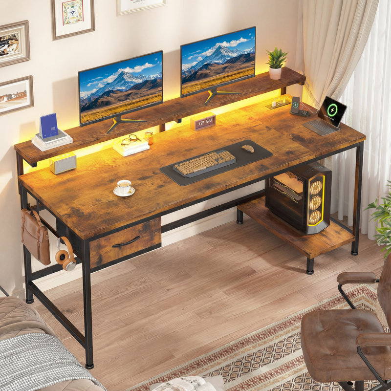 Small Home Office Computer Desk With Power Outlet And CPU Stand, Gaming Desk With Monitor Stand & LED Lights, Brown/Black