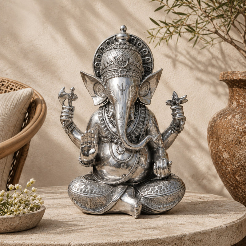 Sculpture en pierre polystone méditant Ganesh