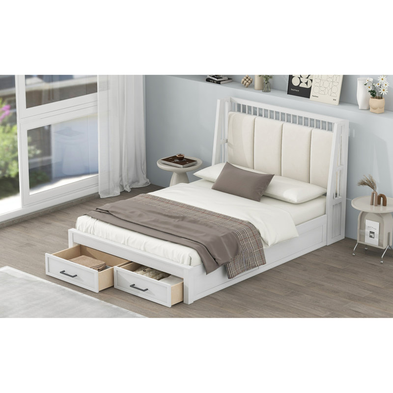 Bed With Upholstered Headboard And 2 Drawers, Full / Double, White