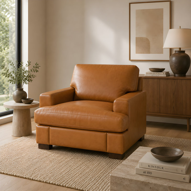 Daryon Premium Leather Club Accent Chair – Square Arm Goose Feather Cushion for Living Room Decor, Tan
