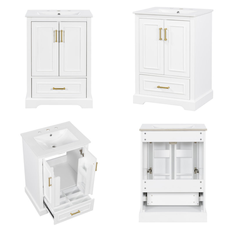 Meuble-lavabo de 24 po avec lavabo, tiroir à un compartiment et deux portes à fermeture en douceur avec tablettes doubles, blanc