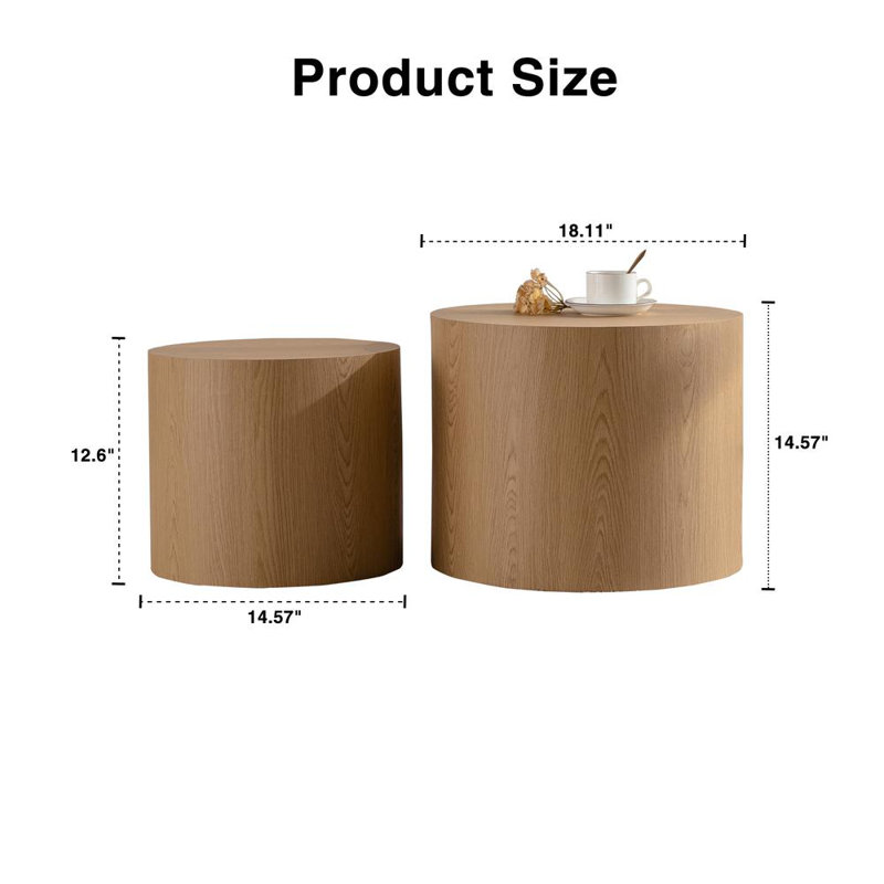 Modern Round Nesting Coffee Tables (Set of 2), Natural Wood