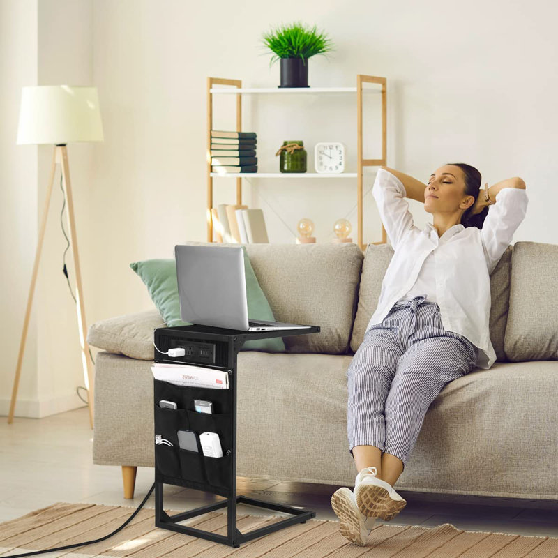 End Table Set Built-In Outlets, Black, Black