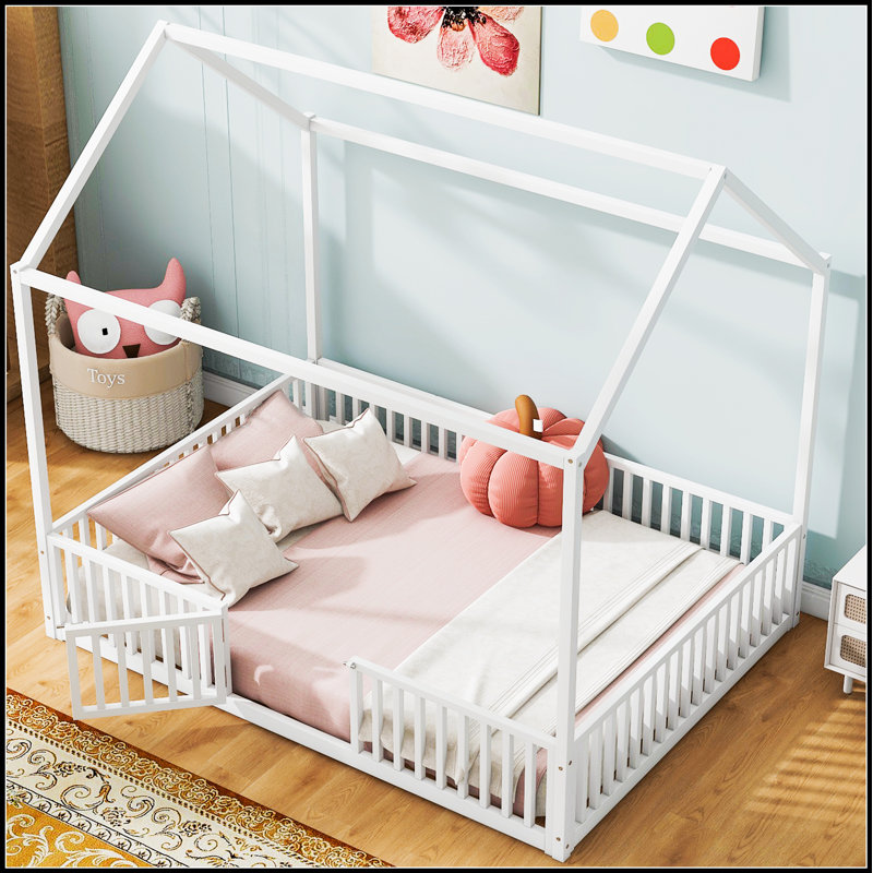 Lit en métal avec clôture et porte, image d'imagination et créativité dans les chambres d'enfant, Lit double, Blanc