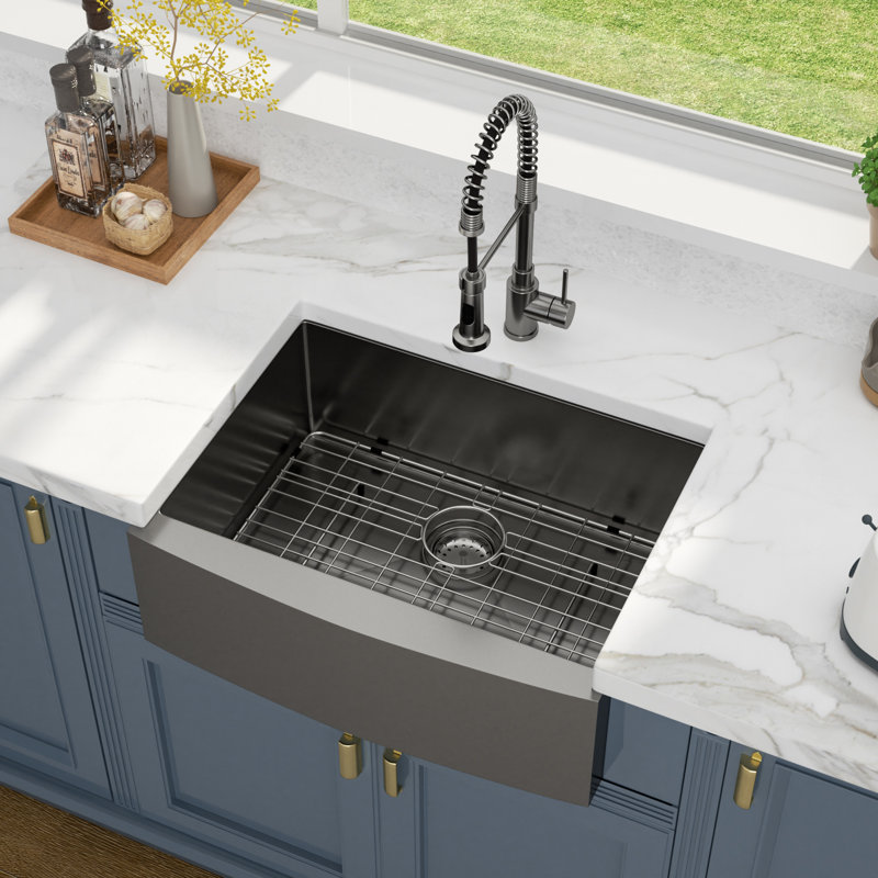 27" W Farmhouse/Apron Kitchen Sink Single Bowl Stainless Steel Kitchen Sink with Sink Grid, Black