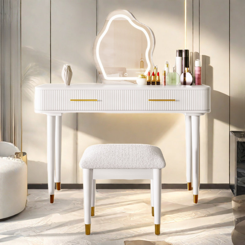 Modern Vanity Table Set With Touch Screen Lighted Mirror, Dressing Table And A Cushioned Stool