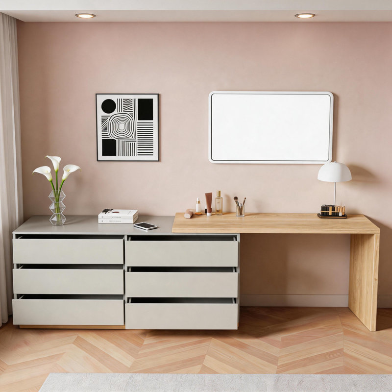 Adjustable Makeup Vanity Table 160-250cm | with Swivel Base & 6 Storage Drawers | Dual-Function as a Study Desk for Bedrooms