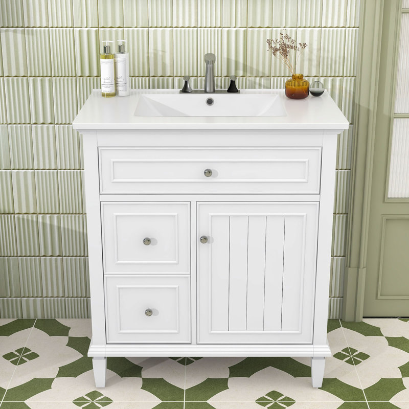 Meuble-lavabo de salle de bain avec lavabo en céramique, tiroir rabattable, deux tiroirs latéraux et tablette réglable, Blanc