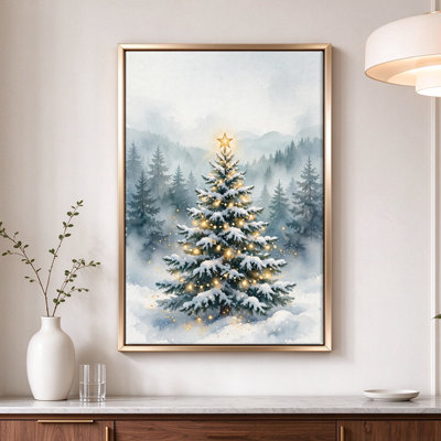 Snow-Covered Christmas Tree with a Star, Framed Canvas Wall Art, Beige Frame, 16 x 24 Inch