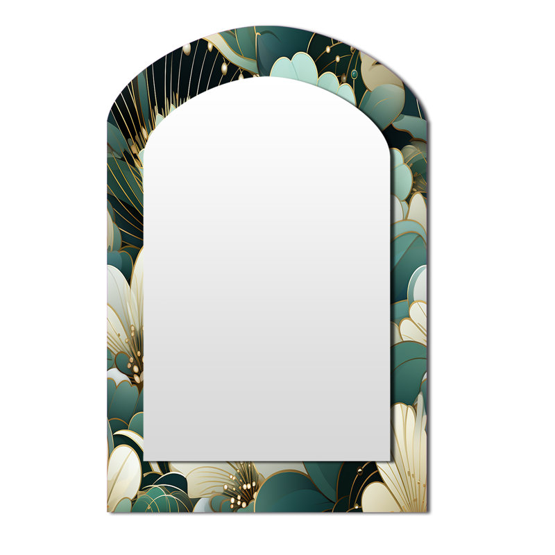 Motif décoratif damassé vert - grand miroir mural arqué sur métal, 43 po x 33 po