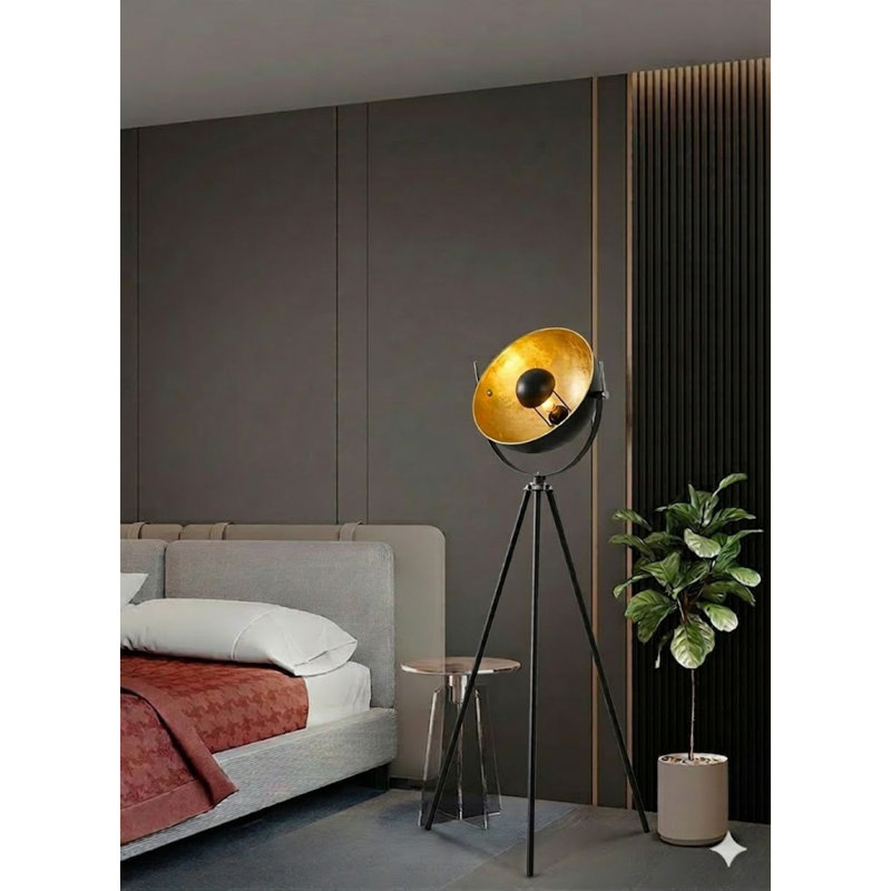 1-Light Black Metal Floor Lamp With A Gold Leaf Interior Shade, Black, Black