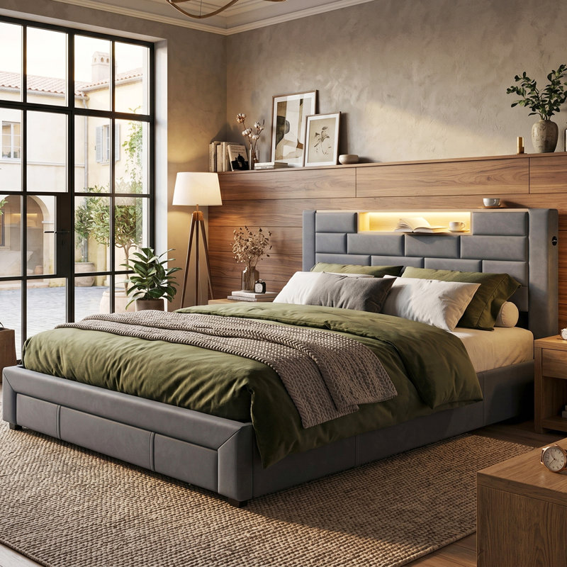 UK Grey Velvet Storage Bed with USB-C Charging Ports, Upholstered Bed Frame with 3 Drawers & App-Controlled RGB LED Headboard