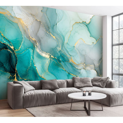 Wall Mural Peel and Stick Wallpaper Turquoise Abstract Teal Gold Fluid Art Marble Self-Adhesive Removable Contact Paper Wall Decor for Living Room Bedroom 100"H x 144"W