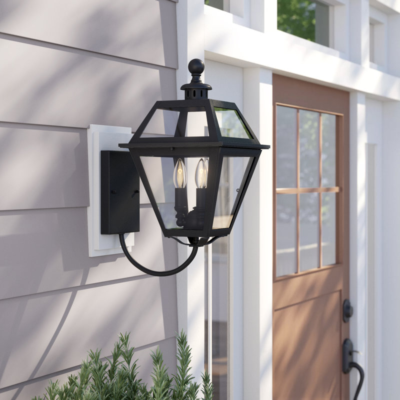 Agarwal 26.75 in. H 3-Light Textured Black Transitional Outdoor Wall Sconce made of Durable Steel, Clear Glass Shade, LED Compatible, Use for Exterior Porch Patio Front Door or Garage