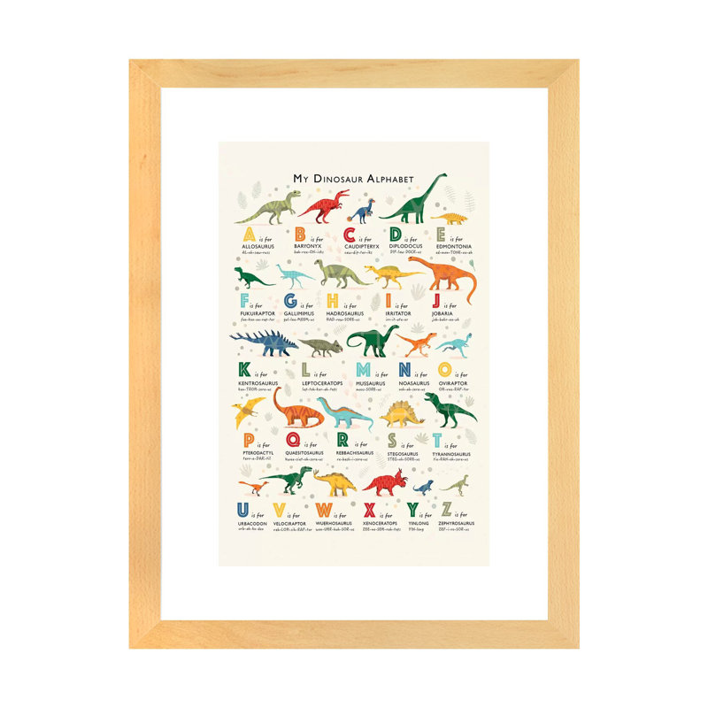 Dinosaur Alphabet - impression d'art graphique, Papier avec cadre beige, H 24 po x l 16 po x P 1 po, Blanc