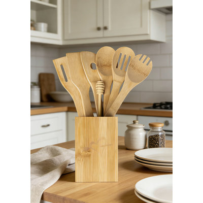 Organic Bamboo Cooking Utensils Set - 8-Piece Non-Scratch Spoons And Spatulas With Holder For Nonstick Cookware, Cast Iron & High Heat