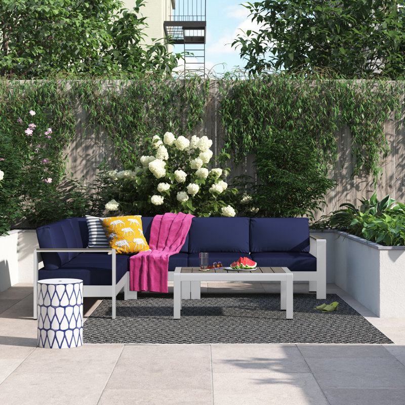 Shore 5 Piece Outdoor Patio Aluminum Sectional Sofa Set, Navy