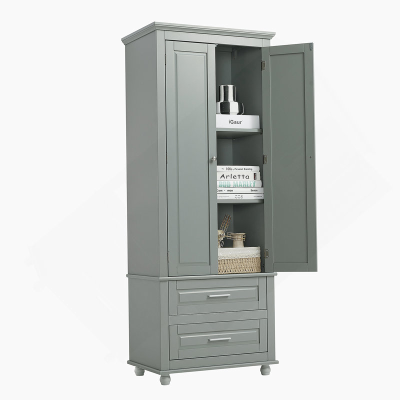 Armoire de salle de bain autoportante avec deux tiroirs pour la salle de bain, Gris