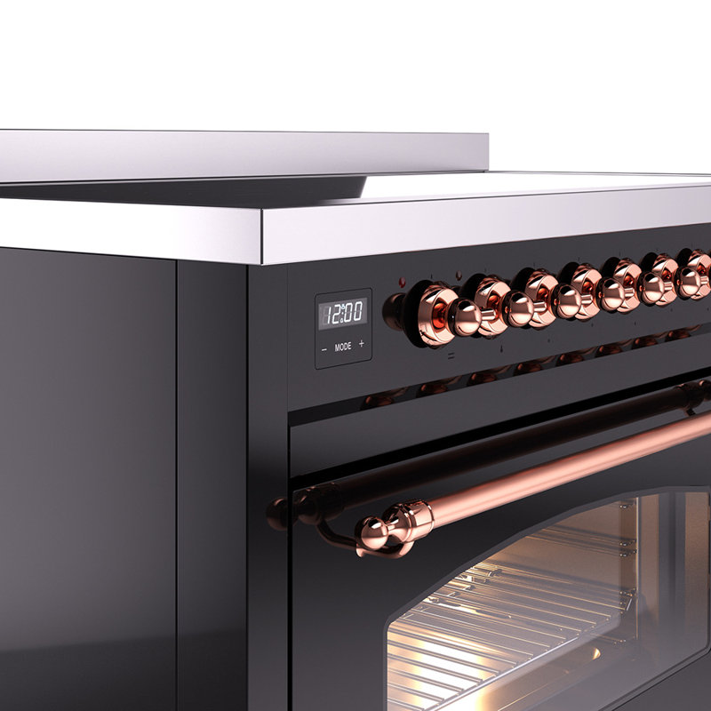 Cuisinière à induction 48 pouces avec 6 éléments à induction ILVE Nostalgie II Series (porte en verre), Noir lustré / cuivre