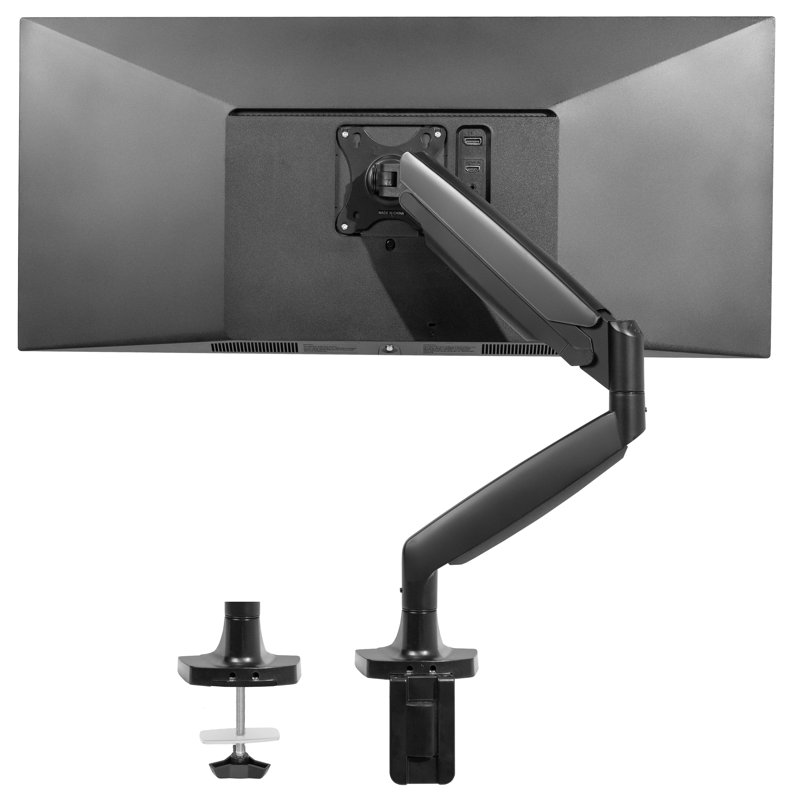 Black Aluminum Single Ultrawide Monitor Desk Mount with Pneumatic Arm