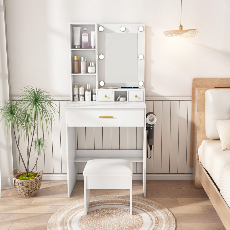 Table de coiffeuse avec lumières à DEL réglables avec miroir, prise de courant, tabouret avec support pour sèche-cheveux - Bureau de coiffeuse compact pour petites chambres à coucher (blanc)