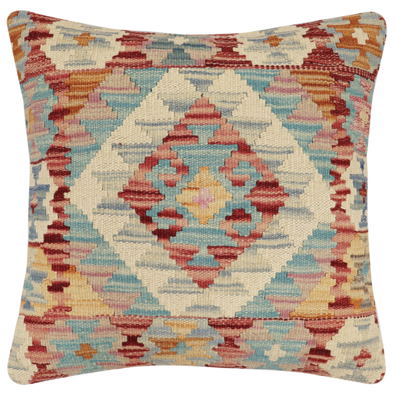 Coussin en kilim Tribal Jolie, H 18 po x l 19 po, Rouge / beige / bleu