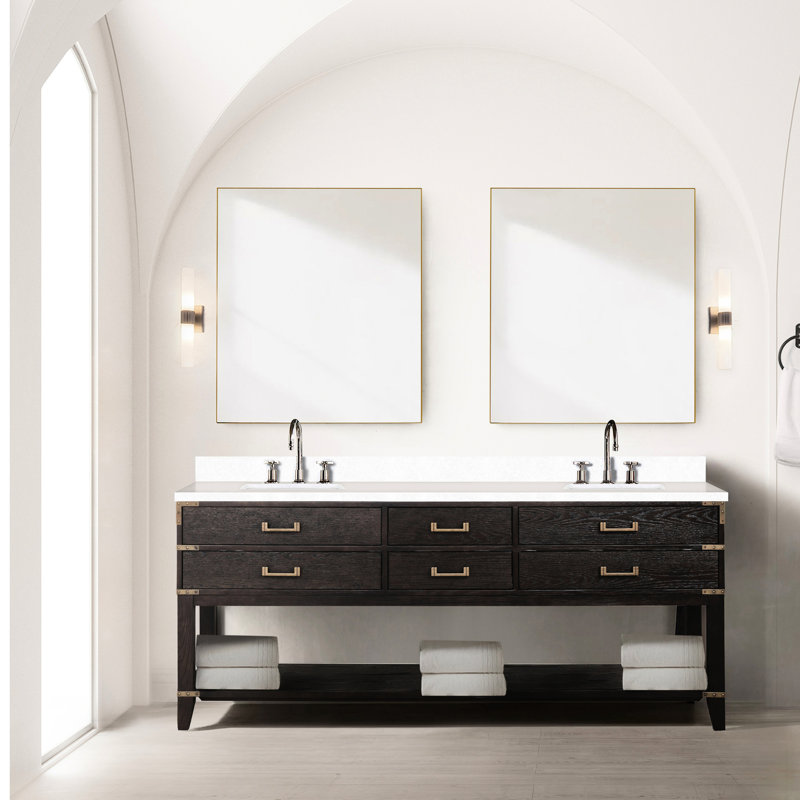 Meuble-lavabo double en chêne brun l 80 po x P 22 po, comptoir et robinet en quartz blanc à fermeture en douceur, capacité de rangement abondante avec quatre tiroirs et une tablette d'armoire ouverte.