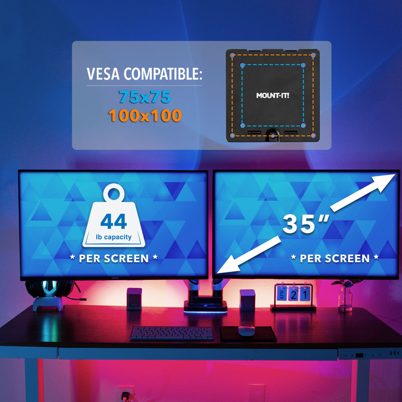 Matte Black and Grayish White Dual Monitor Desk Mount with RGB Lights