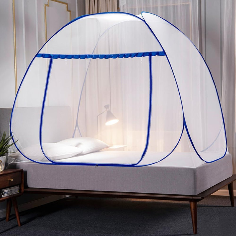 Moustiquaire de lit pliable bleue 90 x 195 cm, fond de lit entièrement en filet, protection anti-insectes portable et pliable, idéale pour l'intérieur et l'extérieur (chambre, dortoir, camping).