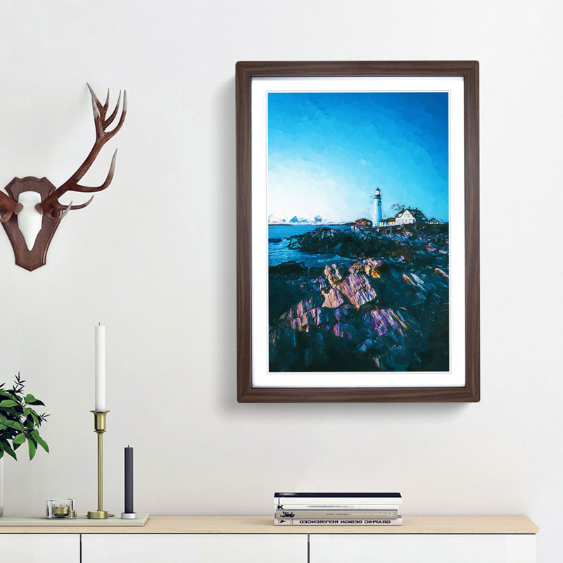Lighthouse in Cape Elizabeth Maine in Abstract - Picture Frame Graphic Art Print, 65cm H x 48cm W x 2cm D, Walnut Framed