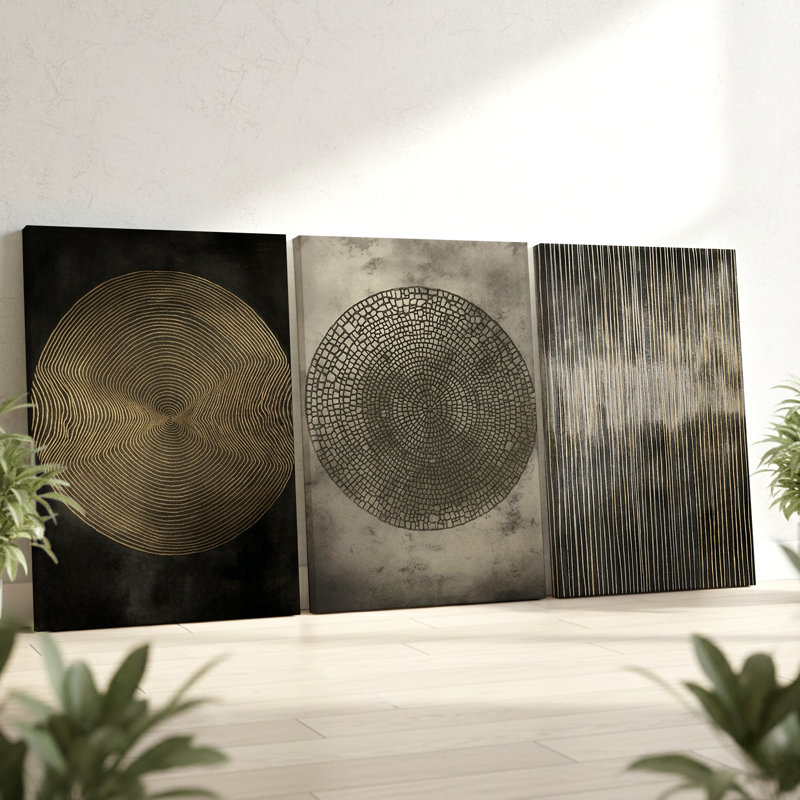 3 pièces d'art mural géométrique abstrait moderne avec motifs circulaires texturés, art mural trois pièces pour le salon, la chambre à coucher et le bureau