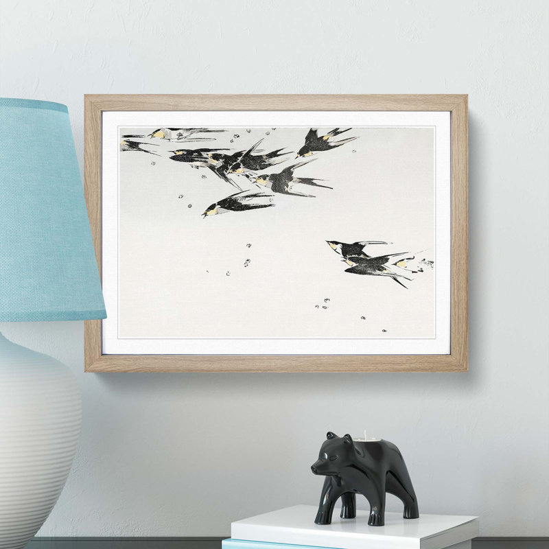Flying Swallows by Watanabe Seitei - Picture Frame Painting Print, Oak Framed, 48cm H x 65cm W x 2cm D