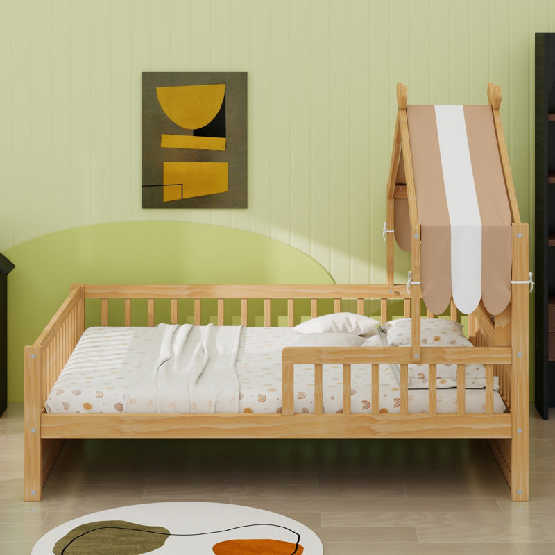 Lit de maison en bois peu encombrant avec rangement pour tête de lit, Lit simple, Natural
