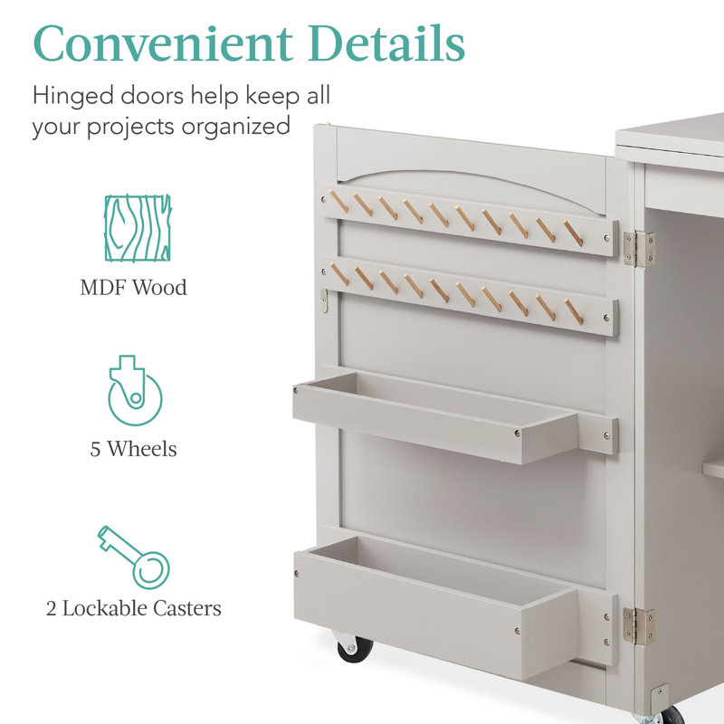 Gray Folding Sewing Table with Storage and Wheels